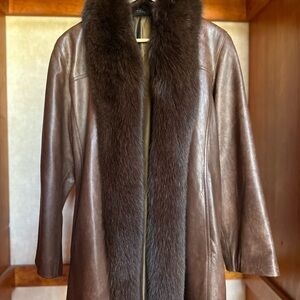 Brown Leather Coat with Fur Trim